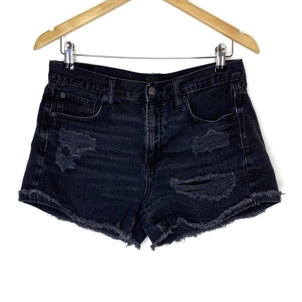 American Eagle Hi-Rise Fastival MIDI Black Distressed Shorts Size 8